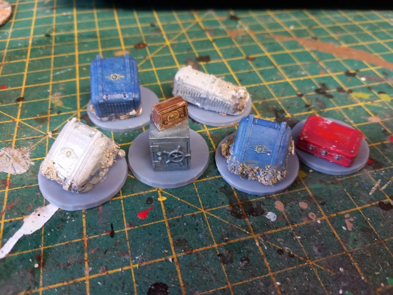 After playing a few games I thought it would be good to create some 3D search tokens which get used for most games. For this I had some vault tec crates that hadn't printed properly but work well for tokens.