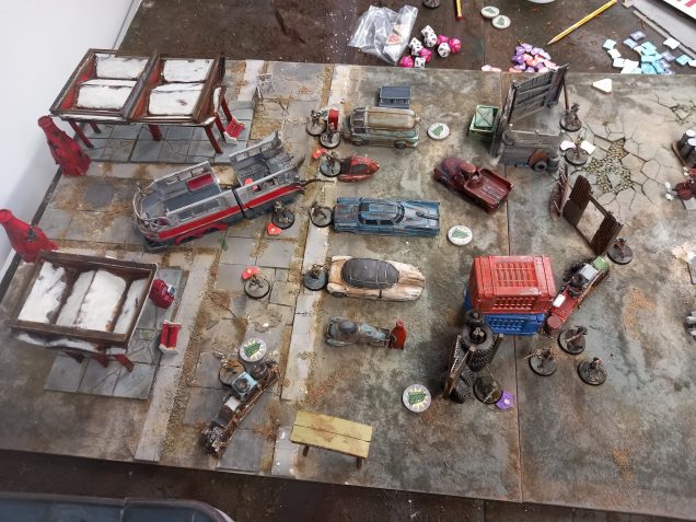 Continuing the campaign we rolled up another scenario in the wasteland. Seeking revenge the pack ambush my operators but I was lucky with my roles so all my gang were on the table and got to shoot before the pack could move. To win I realised I had to survive so I stayed as far away from the pack as possible. This worked and the pack lost men sprinting across the table