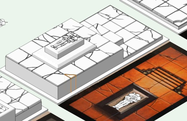 The Tomb Chamber has a figure on top of the Tomb, which I tried to replicate by drawing round and then extruding parts at different levels. it was quite tricky and took a lot of time, but the end result gave me a slightly raised character that I could pick out when painting