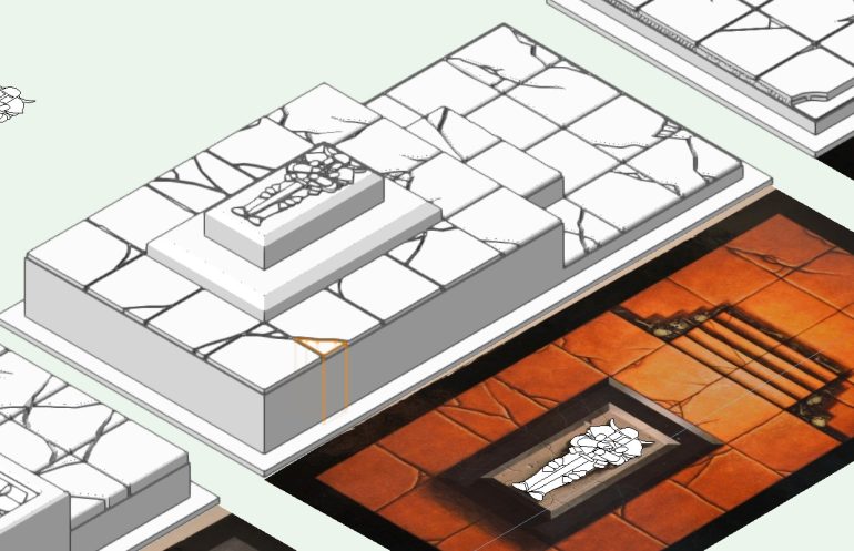 The Tomb Chamber has a figure on top of the Tomb, which I tried to replicate by drawing round and then extruding parts at different levels. it was quite tricky and took a lot of time, but the end result gave me a slightly raised character that I could pick out when painting