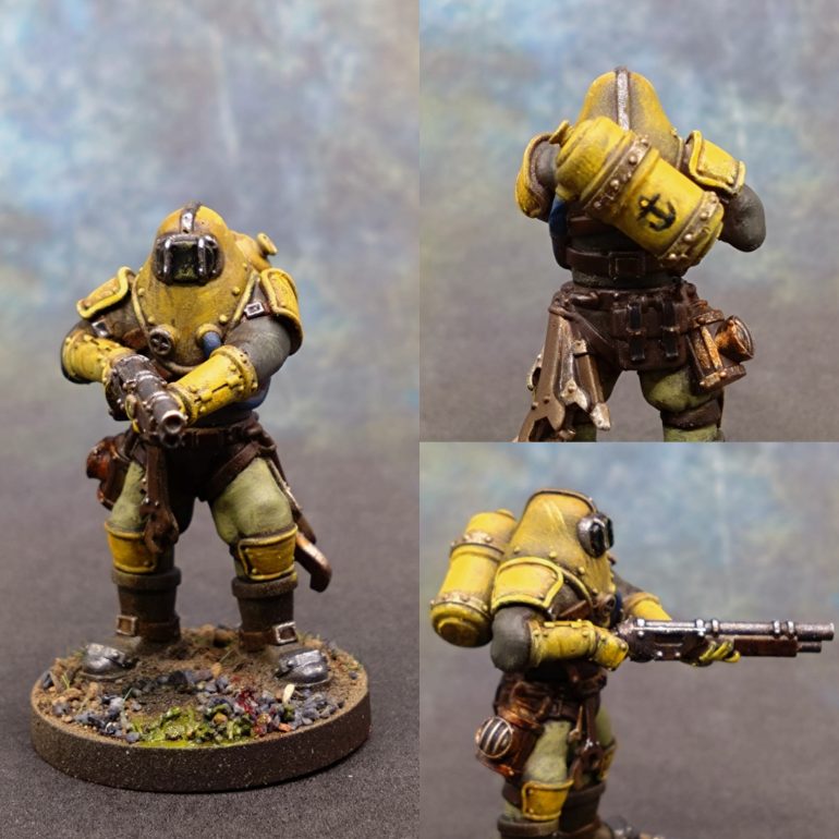 Been painting up some 28mm minis from the Of Oil and Iron universe. Started with the Triton Marines, leaning on the nautical Bioshock vibes and the yellow of the Triton faction.