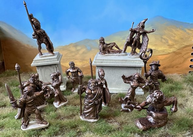 Greek statues (from left to right) Perseus, Hades and Persephone, Achilles (on plinth), Hephaestus, Zeus, Athena, Aphrodite and Nike (on plinth), Nemesis, Poseidon, Hermes.