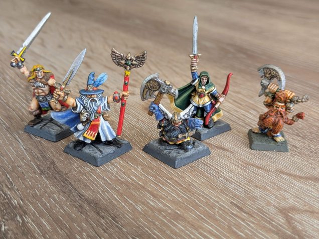 I was lucky enough to find my original WHQ Adventurer minis from 1995 - I'd thought they were long gone, but they were lurking amongst an old bits-box of stuff. I had painted them when I first got the box and matched the original 'Eavy Metal Adventurers - apart from the Dwarf's beard! I opted for black because the wizard already has a grey beard. I had a few of the extra warrior packs, but although the cards were still there for a few of them, the only one I could find the miniature for was the Troll Slayer. The Elf had a snapped bow, which I have replaced with a similar bow from my bits box. I also repainted the bases grey. The original 'Eavy Metal minis were all Goblin Green. I never really understood this for a dungeon crawler, but vaguely remember hearing one of the GW Old Guard talking about this in an interview. The guidelines were that all bases were Goblin Green, so even minis for games like WHQ and Necromunda got the same treatment, regardless of practicalities