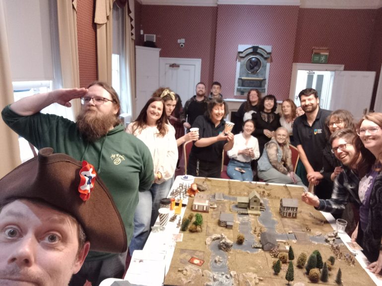 Finally had the birthday game. It took over an hour to get folk to pay attention but once it got going everyone had fun. Everyone had a unit to control and the card driven system of muskets and tomahawks kept everyone on their toes. The colonial forces were trying to gain control of the hamlet  from the British 