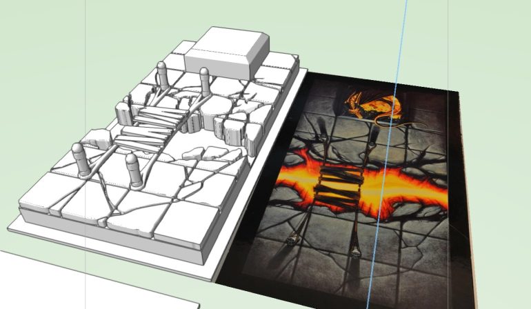 The Objective Rooms presented a bit of a challenge. Not only did the Fire Chasm have a huge chasm in it, there was also a bridge and a golden dragon figurine on a plinth. I had to be mindful of designing the board at the right level to create a chasm, and had to design the bridge separately so it could be printed in one piece and without supports. It's also beyond the scope of Vectorworks to make a dragon! This meant looking around for a suitable proxy miniature at a later date. The other issue was the size - my print bed is only 200mm square, so I had to decide where to cut my Objective Rooms so that I could print them in sections