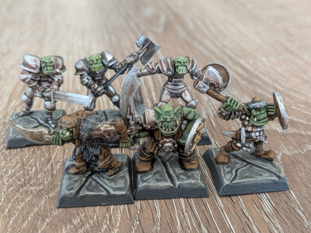 Unfortunately I wasn't as lucky with my Orcs - I had one original mono-pose plastic mini, plus another couple of Oldhammer Orcs that had been lurking in my bits box for a while. I had a search on-line and found some armoured Orcs on  Black Tree Designs website and as they were sold in a pack of 3 I thought I'd give them a try. They're a little smaller in stature than the old Citadel sculpts, but for the purposes of this game I thought they would fit quite well. Again I went with blacks and browns for the colours