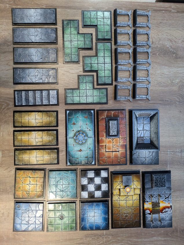 Here is the full set of 3D printed and painted board tiles and doorways as per the original box. Once painted I gave them all a coat of semi-gloss clear spray varnish to protect them a little. Now I just need to have a game on them!