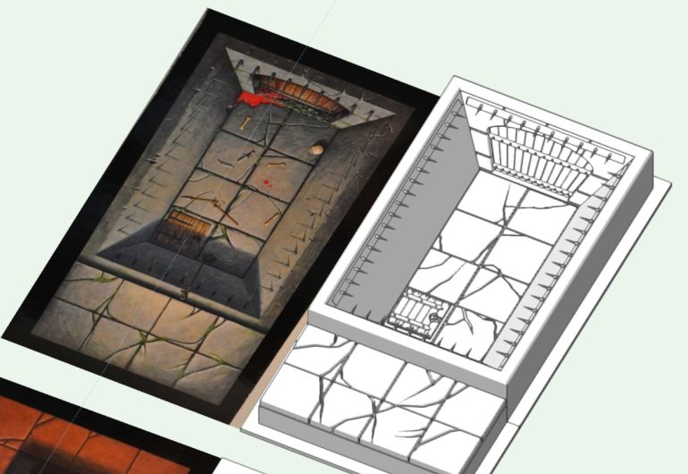 The Fighting Pit was the most difficult room. I had to make the pit have depth without making the whole tile chunky and too tall. I also had to create the spikes around the pit separately and glue them in place later