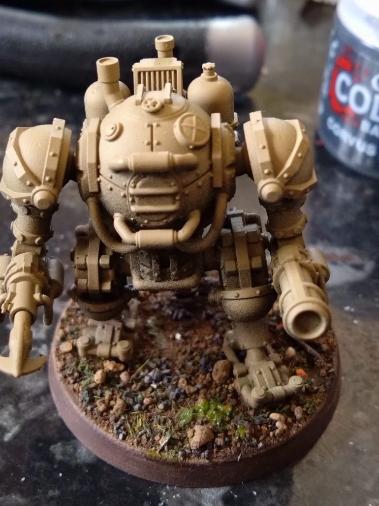 Zandri Dust zenith over a dark brown rattle can prime. Then Iron Jawz Yellow Contrast and Vallejo Game Colour Gold Yellow. A little bit of Army Painter Warped Yellow as a highlight/ variation.