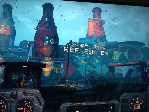 The world of refreshment bottling plant is the part of nukaworld that resembles the wonka factory. A ride on a boat down a river of glowing nuka cola quantum with exhibits showcasing ghe different colas and the history of the company. There are also areas where they make the drinks. I felt this would be the most difficult area of the park to replicate.  I started by throwingeverythingon a table that i thought already matched the setting.