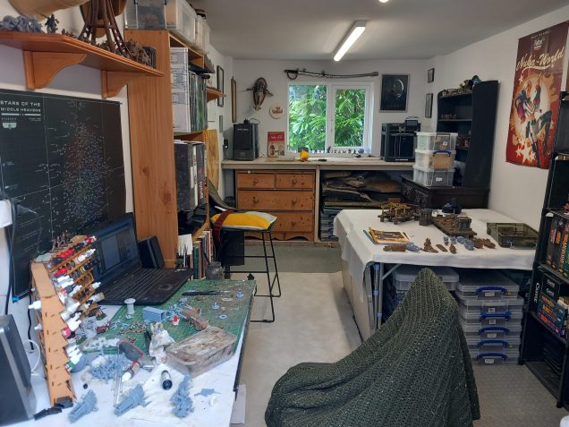 The den has been in need of some upgrades when it comes to storage as I'm running out of space. My shelving units are old and flimsy and my desk weighs a ton. I gave scenery pieces too big for storage boxes 
