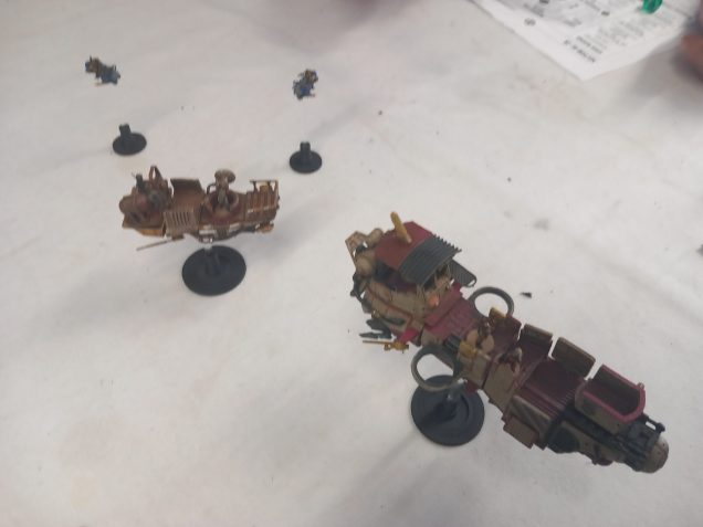 Despite being harassed by the bikes the pirates leave the table after reclaiming their boat. This scenario was all about learning how the ships move and how to conduct a boarding action. I like that pilots are separate go their ships. If they want to abandon ship they can and crew have to occupy gun stations to use them 