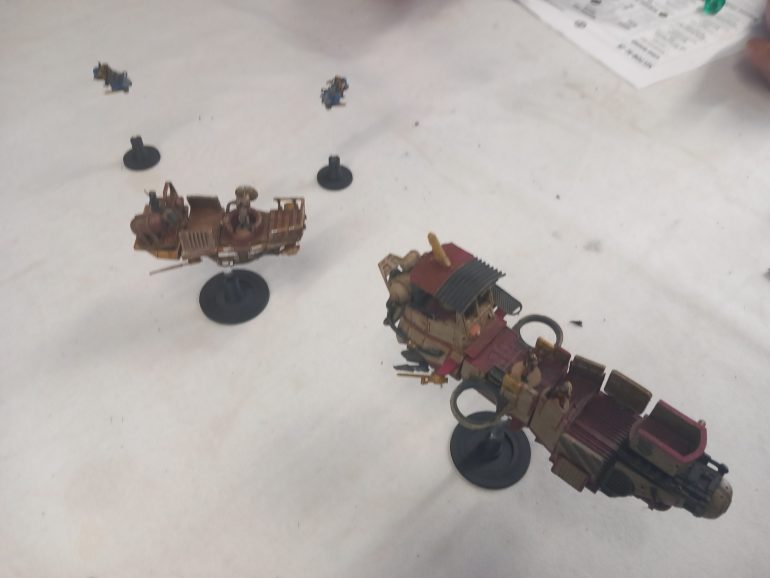 Despite being harassed by the bikes the pirates leave the table after reclaiming their boat. This scenario was all about learning how the ships move and how to conduct a boarding action. I like that pilots are separate go their ships. If they want to abandon ship they can and crew have to occupy gun stations to use them 