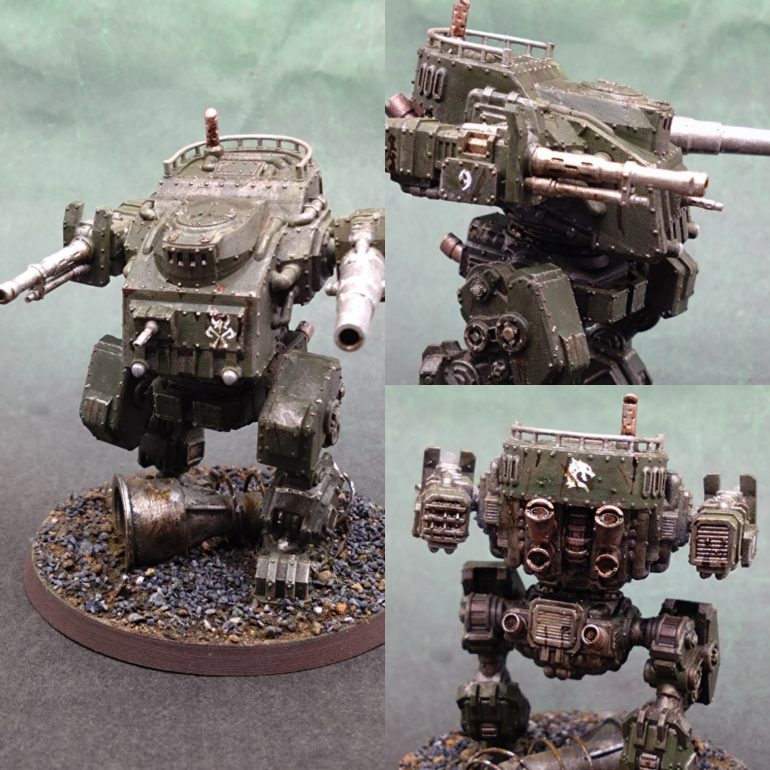 Got my rattle cans to do some heavy lifting on this one. A dark brown around the legs and torso, Leadbelcher from behind and Deathguard green from above.