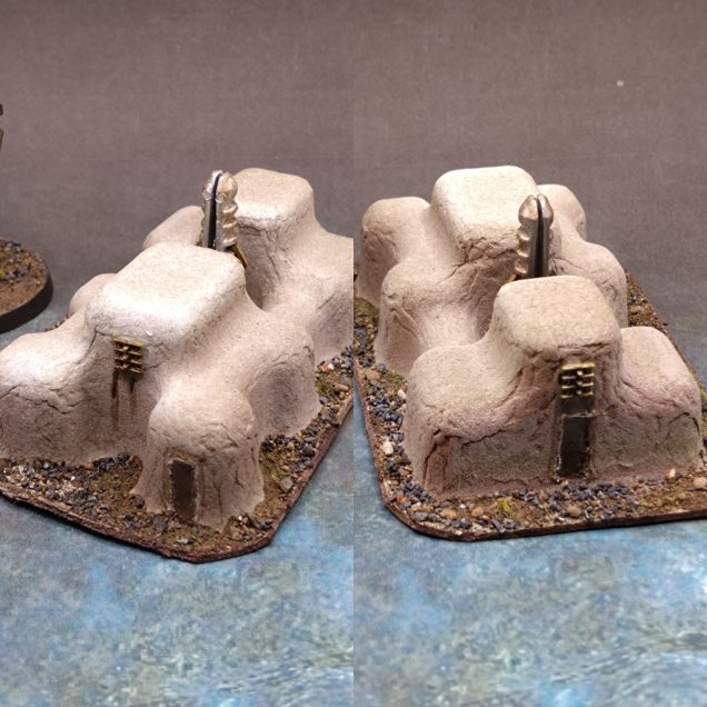 Rule plug filtration/ climate control tech and just some fun looking packaging pieces made for a great building. Painted on doors and 15mm track sections for armoured windows elevates it from just packaging. I like the infantry arm attached as an alarm system. I imagine in a dieselpunk WW1 kinda world, where trench rattles were used to signify gas attacks, I imagine a huge bell being rung by a mechanical arm would be a high tech solution in keeping with the world.