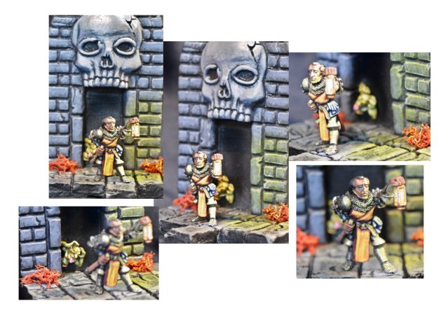 Knight Maximus - first painted towards the end of the 80's for my girlfriend, now wife. He was mounted on a very crude dungeon diorama made from cardboard. This time he is positioned in front of a resin piece of which I have no recollection of acquiring but recently found at the bottom of a bits box and modified by extending the floor area. Maximus was stripped and repainted with an attempt at OSL, on him and the floor/wall. Despite its age I think this is a beautiful (GW) sculpt, made before the digital age, but with such character and uncomplicated design. I just love the pair of gloves folded through the belt.