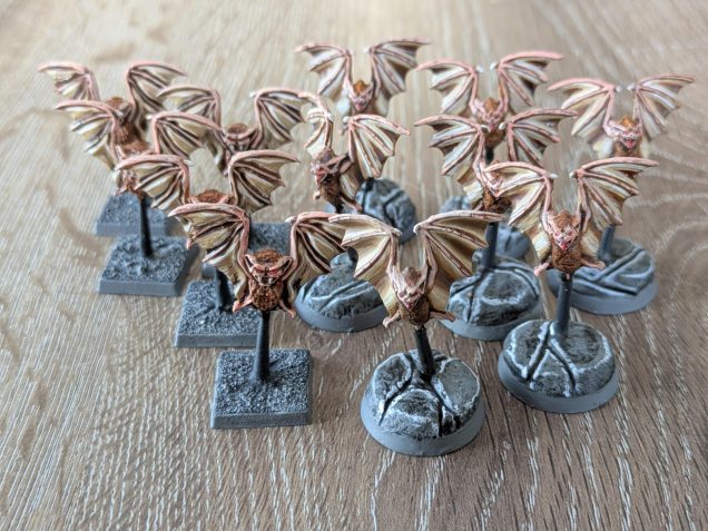 I still had a few of the original bats, and a friend of mine kindly 3D printed me some very close matches to bolster the ranks. I went with a lighter colour scheme for these, using flesh for the faces and fingers, then beige/brown for the wing flaps and a darker brown fur on the body