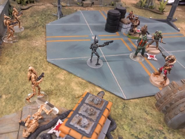 Everyone draws after Weedo once again cries out a challenge and rushes Forward.  The bots take up defensive positions but are shot down 