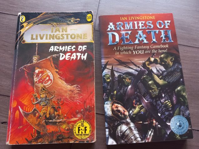The original cover of Armies of Death grabbed my attention as a child. Thats what i call a bad ass ork. He's armed to the teeth and standing on his defeated foes, flying the flag for villains everywhere. He even has an arrow sticking out of him. Chris Achilleos did a great job. I had a poster of the cover on my bedroom wall. The 2003 cover isn't as great for me. I remember getting excited when I realised Ian livingstone had written this as a sequel to trial of champions. Taking your winnings from surviving the deathtrap dungeon you recruit an army and march off to fight the baddy of the week 