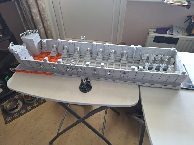 So now the first ship has streched across 2 folding tables in are flat and i have to admit she was right. At this point you will notice that there is no floor inside the ship, this is because I am concentrating on getting the main structure built before filling in the deck space. It is worth keeping in mind that each square is 35mm across so to allow my 60mm bases to move around I need 2 squares of open space for a base to pass.
