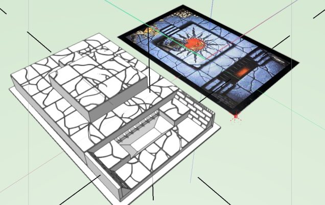 Gorgut's Lair - Lair of the Orc Lord Objective Room. As this is a larger room at 5 squares across and also features multiple levels it took a bit of thinking about. The interaction of the initial 4 squares, the step up, then the platform with 5 squares, as well as the pit and retaining walls took a bit of experimentation to nail down. I also had to make the spikes for the pit as a separate STL file. I then had to cut the model before generating the STLs as it wouldn't all fit on the print bed at once