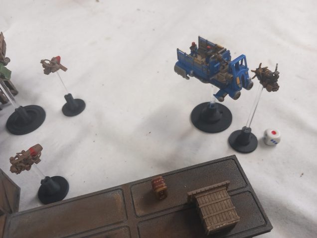 After seeing off the company bikes the pirates get too close to a truck which rams a bike out of the sky.ck 