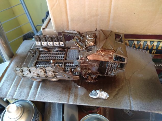 The sides were made from a bits box contribution from a friend. I primed it all Leadbelcher and got it with a Dirty Down spray.