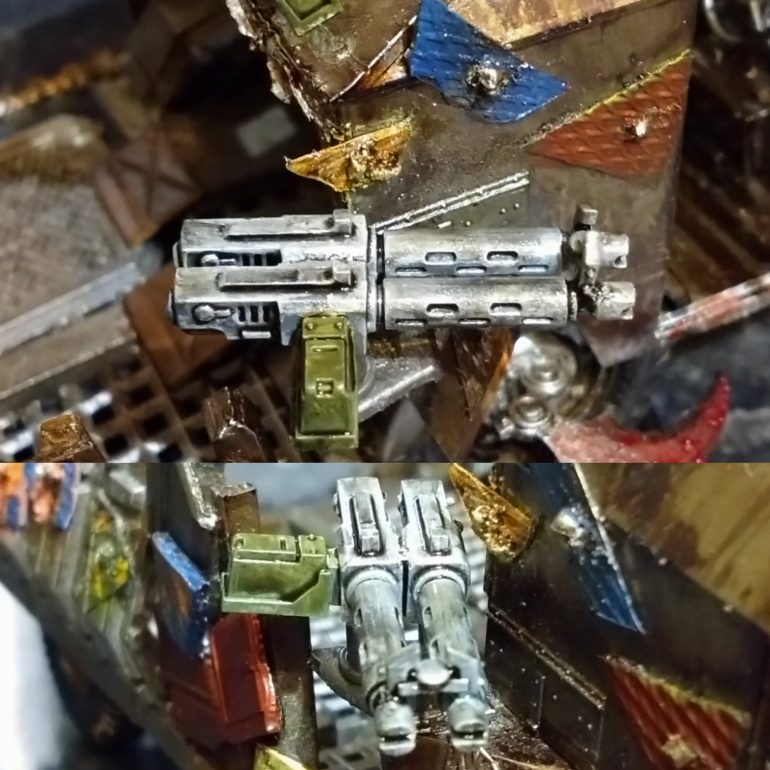 Slapped two Wardog machine guns together and found a small Mechanicum piece as a sight. It's meant to be a no trigger gun, because it's popped on top of a Wardog and meant to aim and fire remotely... But once two are slapped together and the right silhouette I'm not sure I need to bother kitbashing anything to account for that. The Orks wish things into working anyway. 