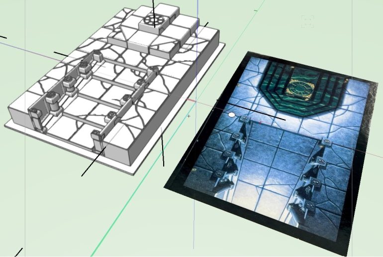 The Dread King's Throne Room - last of the Catacombs of Terror board sections. This needed a bit of thinking about as it is 4 tiles wide with a ramp on the first part, and then 5 tiles wide with a stepped dais. The angled step for this dais was also tricky as it's split in half along the diagonal. In the end I did steps rather than a ramp (although I may go back and create a ramped version to see if the minis will stand up on this). I used the gap between the ramp and the adjacent platform level areas to create the pillars. I had considered doing a forced perspective thing, but thought it would look out of place given the steps etc. As for the diagonal split dais steps, I decided to raise the entire square, and just make the design clearly different for the stone tile vs the dais steps