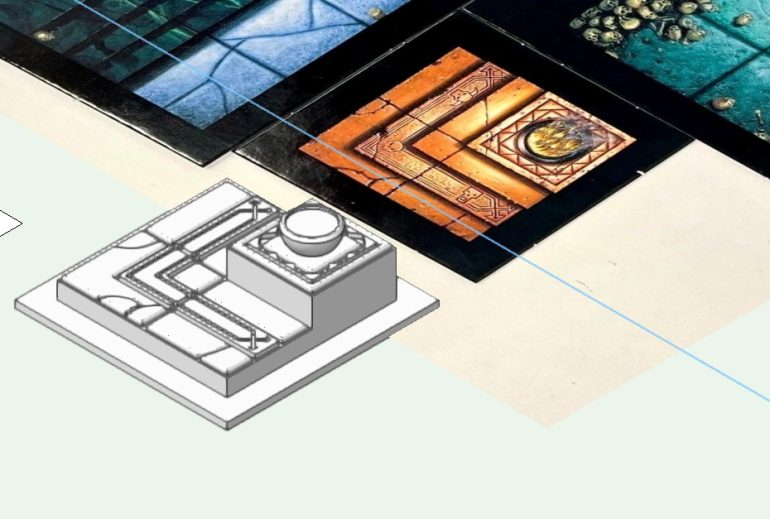 Flames of Khazla Board section - I believe this one also featured in a White Dwarf article, which reminded me that I will have to look up additional tiles that featured in White Dwarf so I can draw them up, too! Quite a straightforward make really - the raised area I actually made taller in the end so that it would look better alongside the minis, and I tweaked some of the diamond floor decorations as they weren't very clear in the first print 