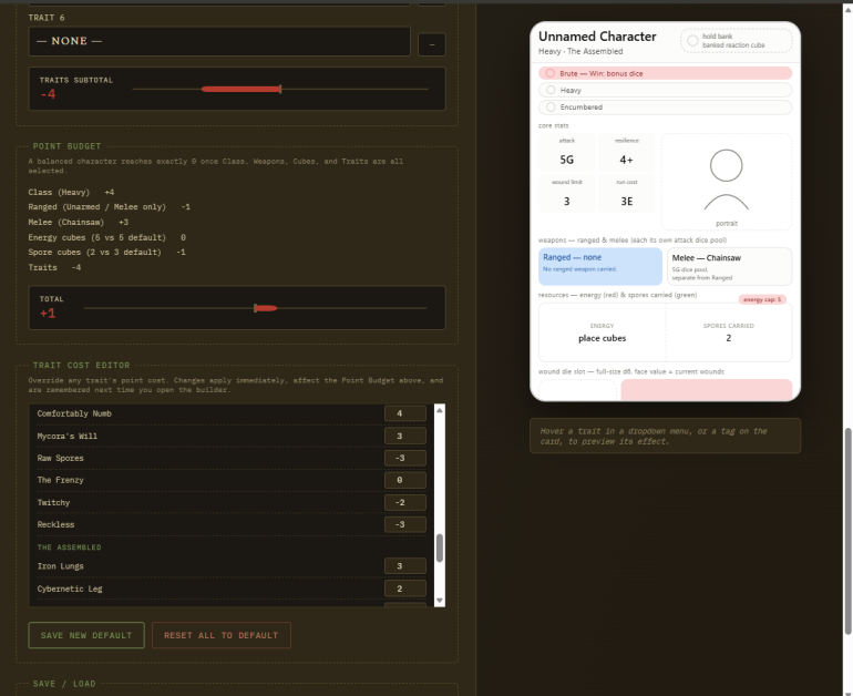 Every stat in the game has a cost i can tweak from here. It spits out a very ugly character card. Once the costs are nailed down I can remove the cost editor and it will function as a character generator. It will all be tables in the book but this is faster.