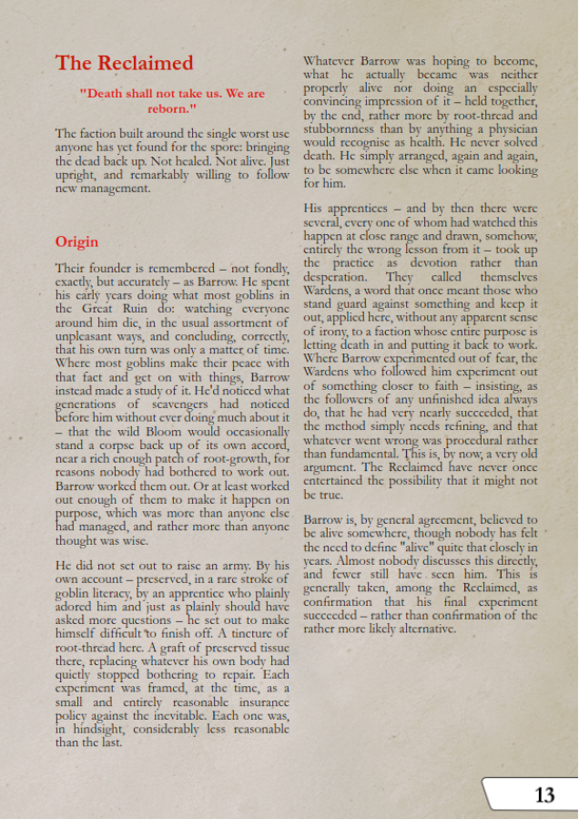 Early pages from Lore section of the rulebook (not final layout)