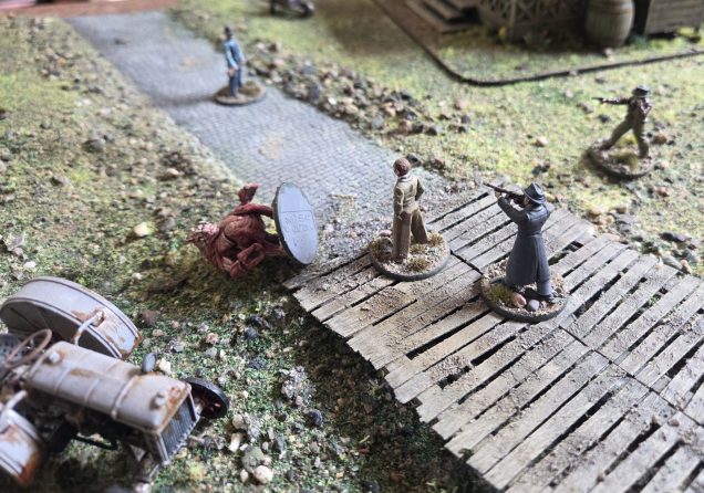Protecting a valuable witness from the unmade abomination. It took several shots to take him down.