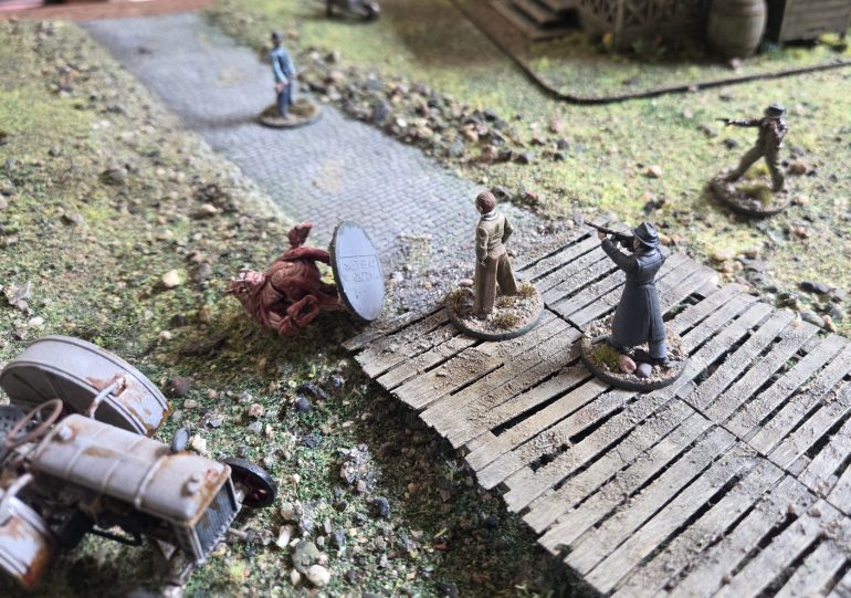 Protecting a valuable witness from the unmade abomination. It took several shots to take him down.