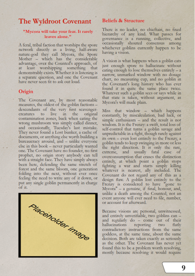 Early pages from Lore section of the rulebook (not final layout)