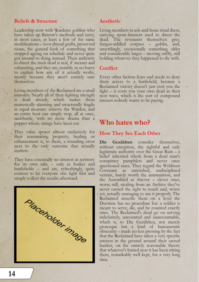 Early pages from Lore section of the rulebook (not final layout)