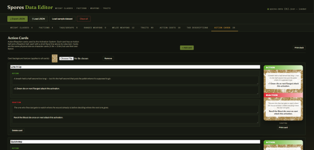 Data editor now make the Action/Reaction cards for my activation system. data entry about 70% at this point.