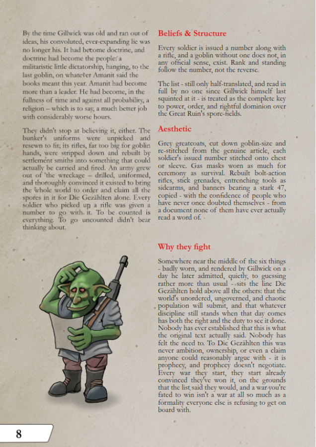Early pages from Lore section of the rulebook (not final layout)
