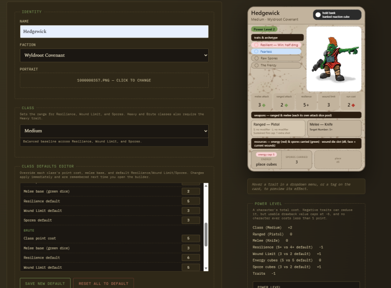 Added a lot of functions to my character builder. you can now build a full playable list. it prints cards and refence sheets. its starting to look a bit more pretty too. At the moment all the costs are editable in app, this will be removed from the player version.