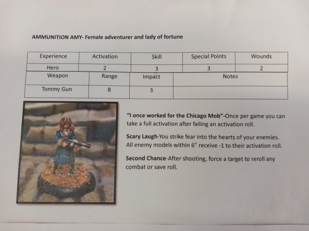 For each character or group I created a little character sheet Including or their stats and special rules. The game allows you to pick and choose. Some special rules I changed the name of to fit the character 
