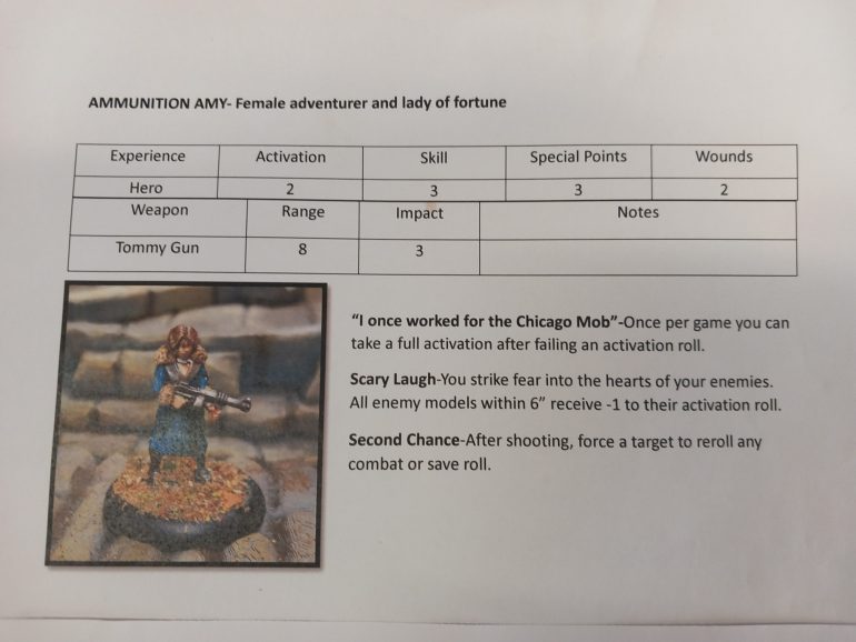 For each character or group I created a little character sheet Including or their stats and special rules. The game allows you to pick and choose. Some special rules I changed the name of to fit the character 