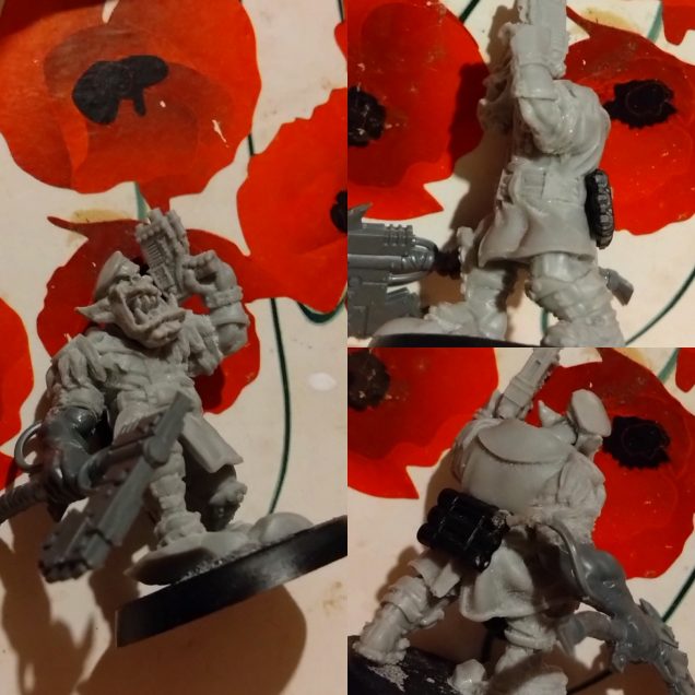 I went with a Spellcrow Orc head with beret, the Commandos resin body and the Kommandos chain axe. I used a WW2 Piat ammo box as a fuel unit for the chain axe.