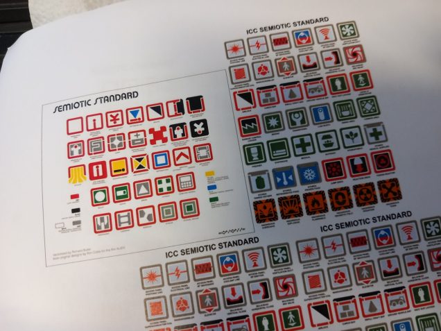 Semiotic signage was designed by Ron Cobb for the original Alien film. They can be seen all around the nostromo and I had to add dome to my doors around the medical clinic. The last of images been added to by fans over the years.