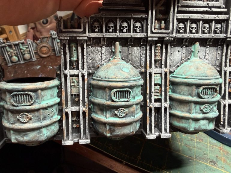 You may then apply a corrosion effect to the brass areas. Remember, these parts have been subjected to corrosion, liquids of various acidity and other environmental factors for a long time. I used GW Nihilak Oxide 