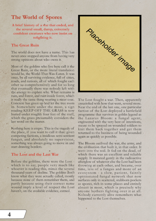 Early pages from Lore section of the rulebook (not final layout)