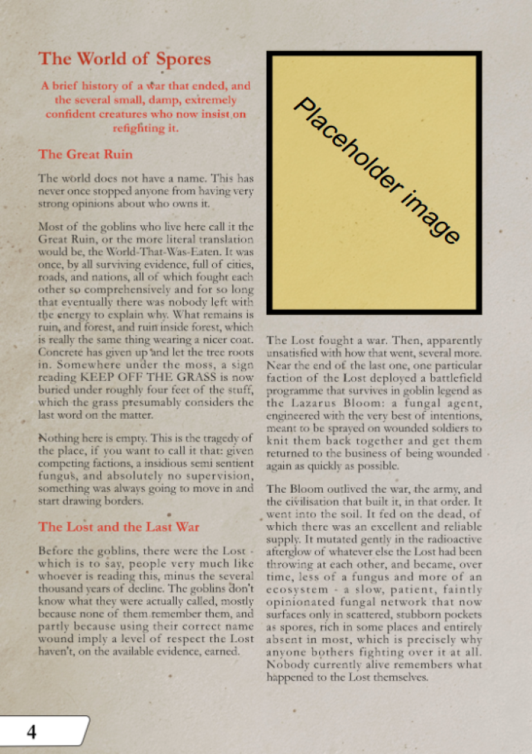 Early pages from Lore section of the rulebook (not final layout)