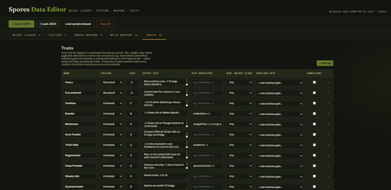I decided that splitting the stat editor and the character builder made things more manageable, So I now have a  web based stat editor that saves a json file of the stats for the whole game, then the character editor loads that file and lets you make characters complete with card and reference sheet. Then each saved character can be added to a game legal list. 