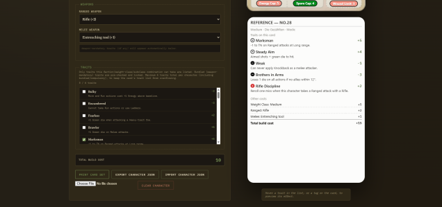 It also makes a reference card with the traits and items selected with a cost breakdown.