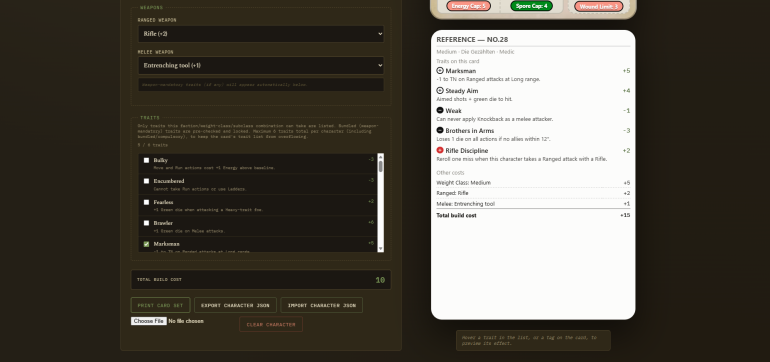 It also makes a reference card with the traits and items selected with a cost breakdown.