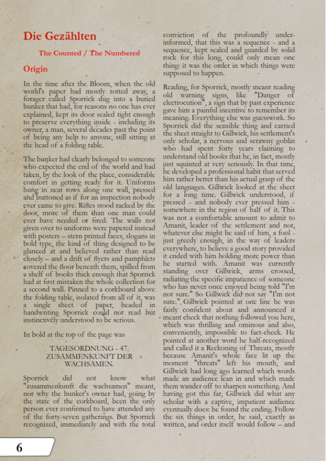 Early pages from Lore section of the rulebook (not final layout)